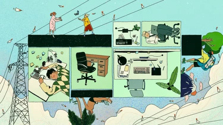 Illustration: Menschen in Bürokabinen und daneben Menschen, die digital vernetzt an verschiedenen Orten arbeiten.