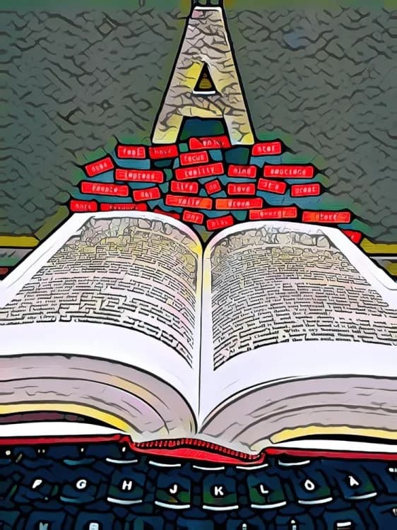 Collage: Ein aufgeschlagenes Buch auf einer Tastatur, darüber schweben einzelne rot markierte Wörter.
