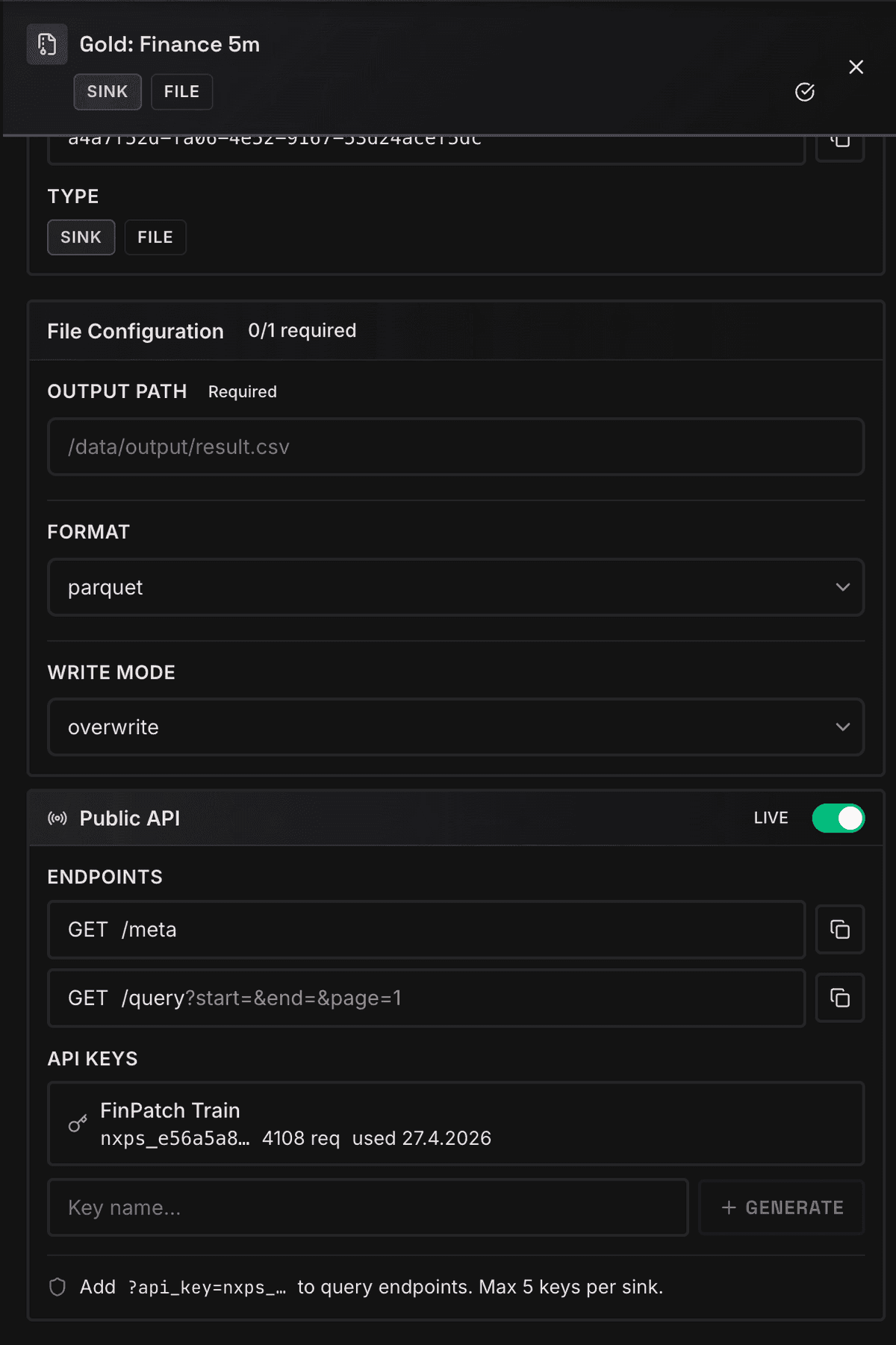 Orpheon Gold Layer configuration with Parquet output, Public API, meta and query endpoints, and API keys