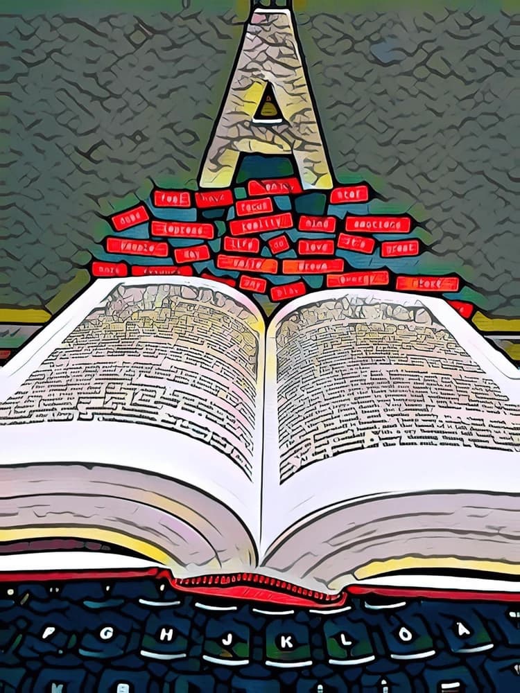 Collage: Ein aufgeschlagenes Buch auf einer Tastatur, darüber schweben einzelne rot markierte Wörter.